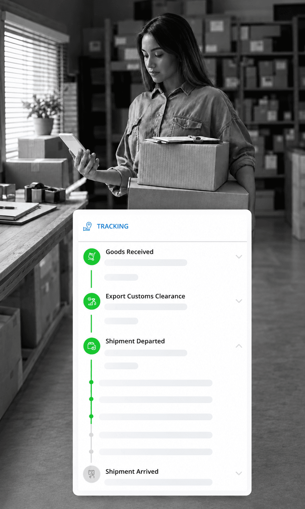 Grayscale shipment tracking with stacked boxes