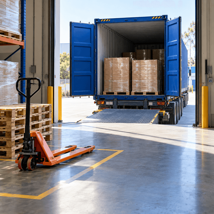 Sunlit warehouse dock ready for ocean freight