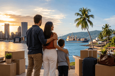 A family at the harbor sunset