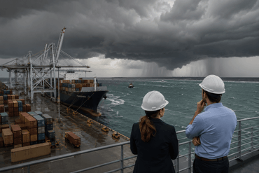 Stormy port view with observers