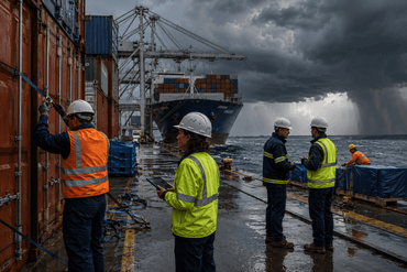 Stormy port operations in heavy weather