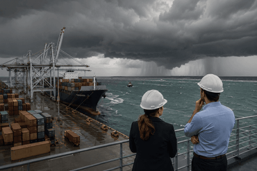 Stormy port view with observers
