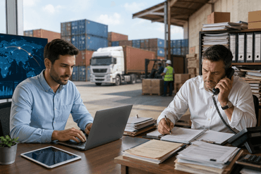 Tech vs paperwork in logistics workspace