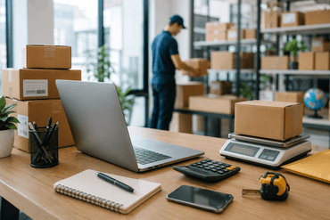 Work station with shipping tools and packages